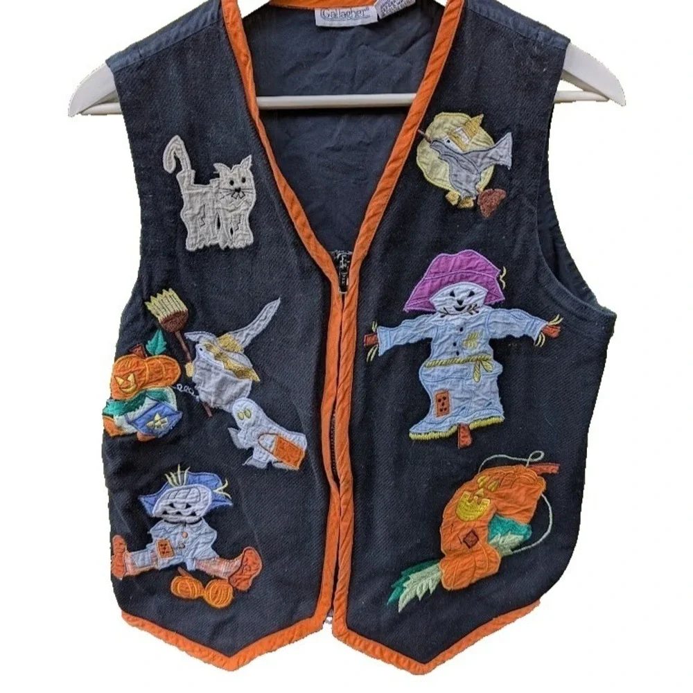 Vintage Gallagher Womens M Halloween Vest Applique Embroidered Cute Pumpkin Cat